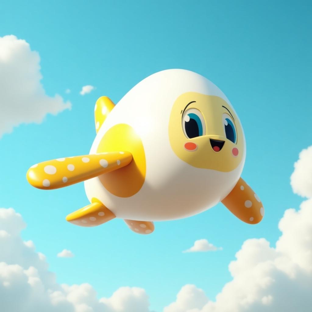 A cartoon-style airplane designed like an egg with a happy face. It flies through a bright blue sky filled with fluffy white clouds. The airplane has bright yellow and orange accents and a playful expression.