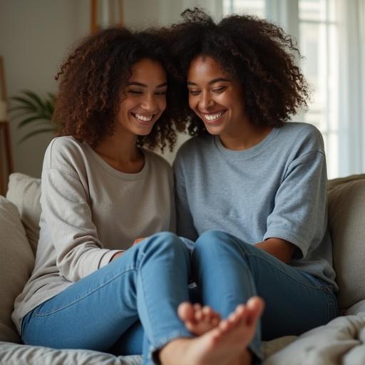 Two women sit on a couch wearing casual outfits. They smile while one inspects the other's feet. The scene has soft lighting and a cozy atmosphere.