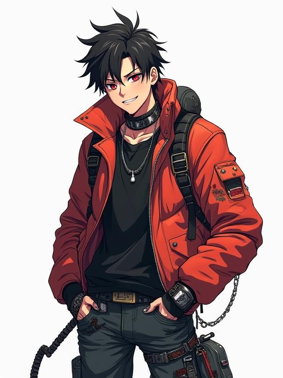 Generate a handsome anime punk male. Gritty, dirty, futuristic punk clothing. Grinning against a white background.