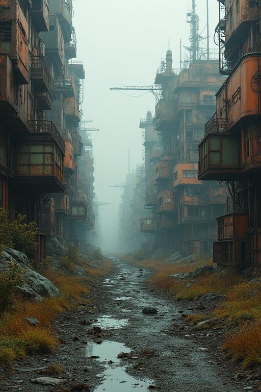 A futuristic cityscape shows rusting, abandoned buildings. A narrow pathway cuts through the scene. Fog envelops the area, enhancing the desolate mood.