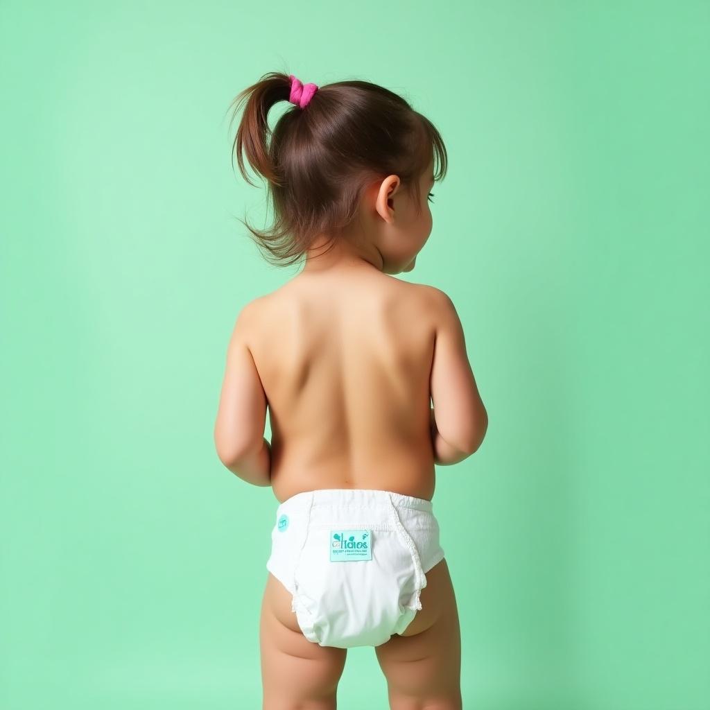 Image features a cute child with brown ponytail hair wearing a diaper. The backdrop is mint green. The image captures the playful and carefree essence of childhood while visible branding is on the diaper.