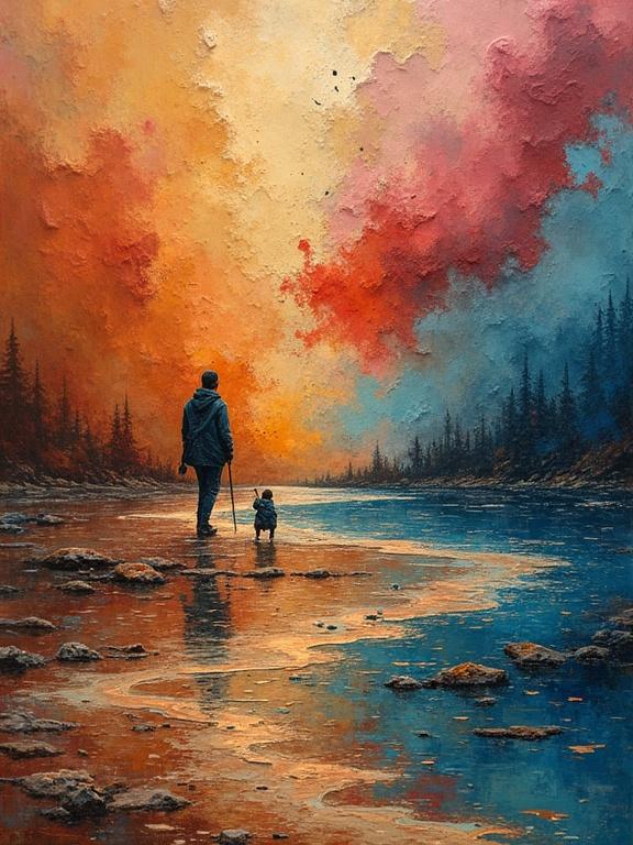 A stunning surrealist landscape featuring a person and dog near a river. Vivid sunset colors and rich textures created with oil paints. The atmosphere evokes deep emotions. Elements of nature and tranquility are present.