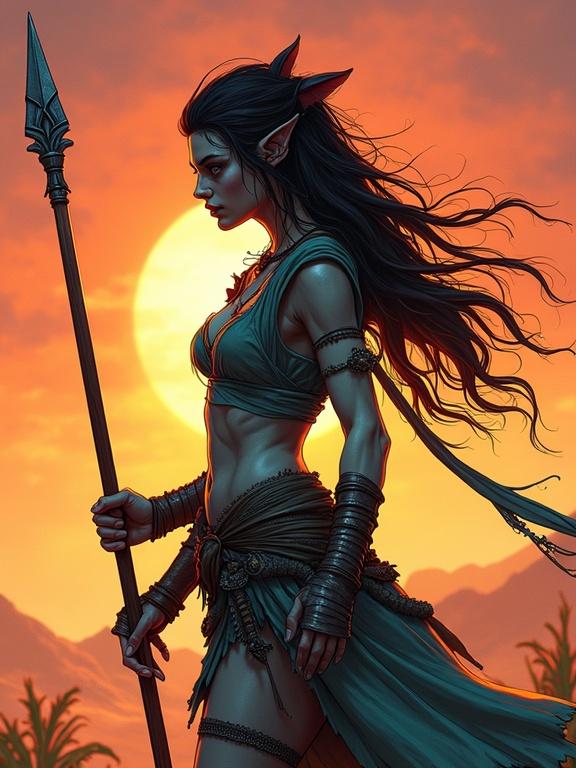 Hand-drawn artwork featuring a female goblin fighter with a spear. Iced breath is visible. Sunset lighting creates dramatic and flat shadows. Realistic proportions and vibrant colors are used in a cinematic composition, inspired by rotoscope technique.