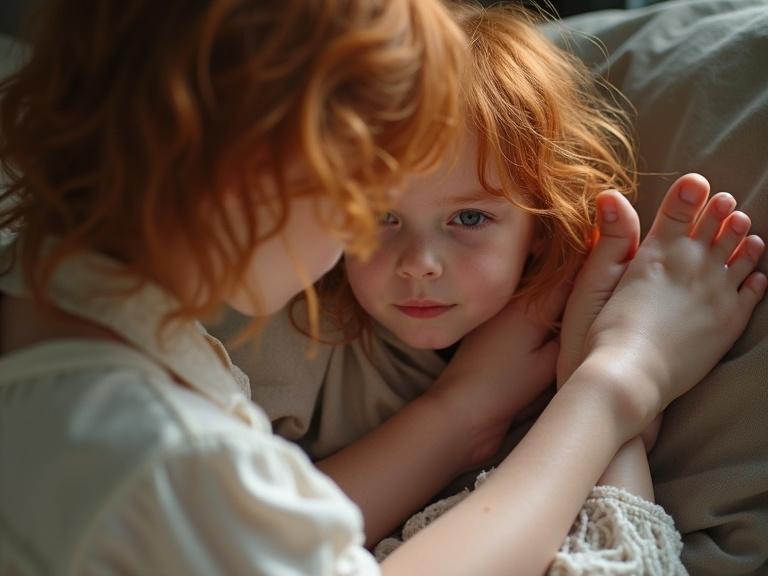 Pale girl with ginger hair closely examining her friend's feet while sitting together in a cozy setting.