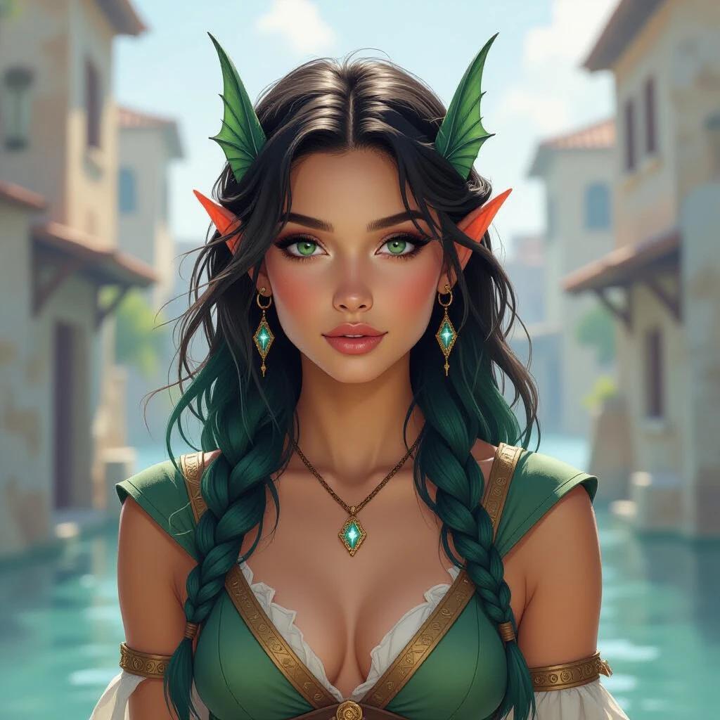 Dark Watercolour style illustration. Candid portrait of a late teenage Triton fish-person female with sharp finned ears and green-blue scaled skin. Ancient-Grecian-Fantasy port city backdrop. Wearing Ancient-Greek-Fantasy clothing while wielding magic using a black stone that casts constellations. Long, slick-backed green-blue hair. Young and youthful.