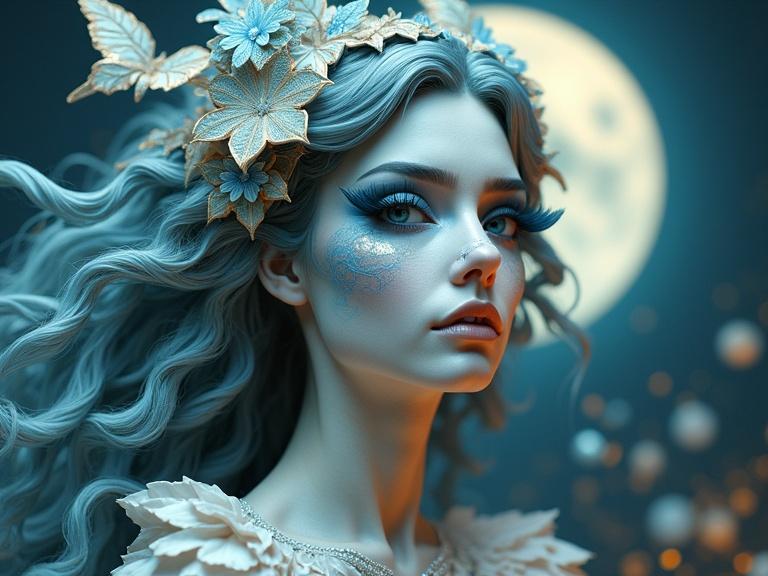 Surreal image of a woman styled with blue and white hair decorated with flowers. She has elaborate white face paint and bluebird-like eyelashes. The scene captures a nighttime view with a full moon in the background casting a soft glow. The artwork features a dramatic color palette and a dreamlike expression.