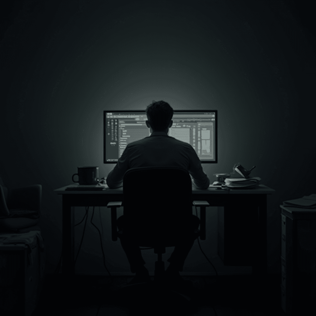 A person sitting alone in a dimly lit room, focused on their computer screen.