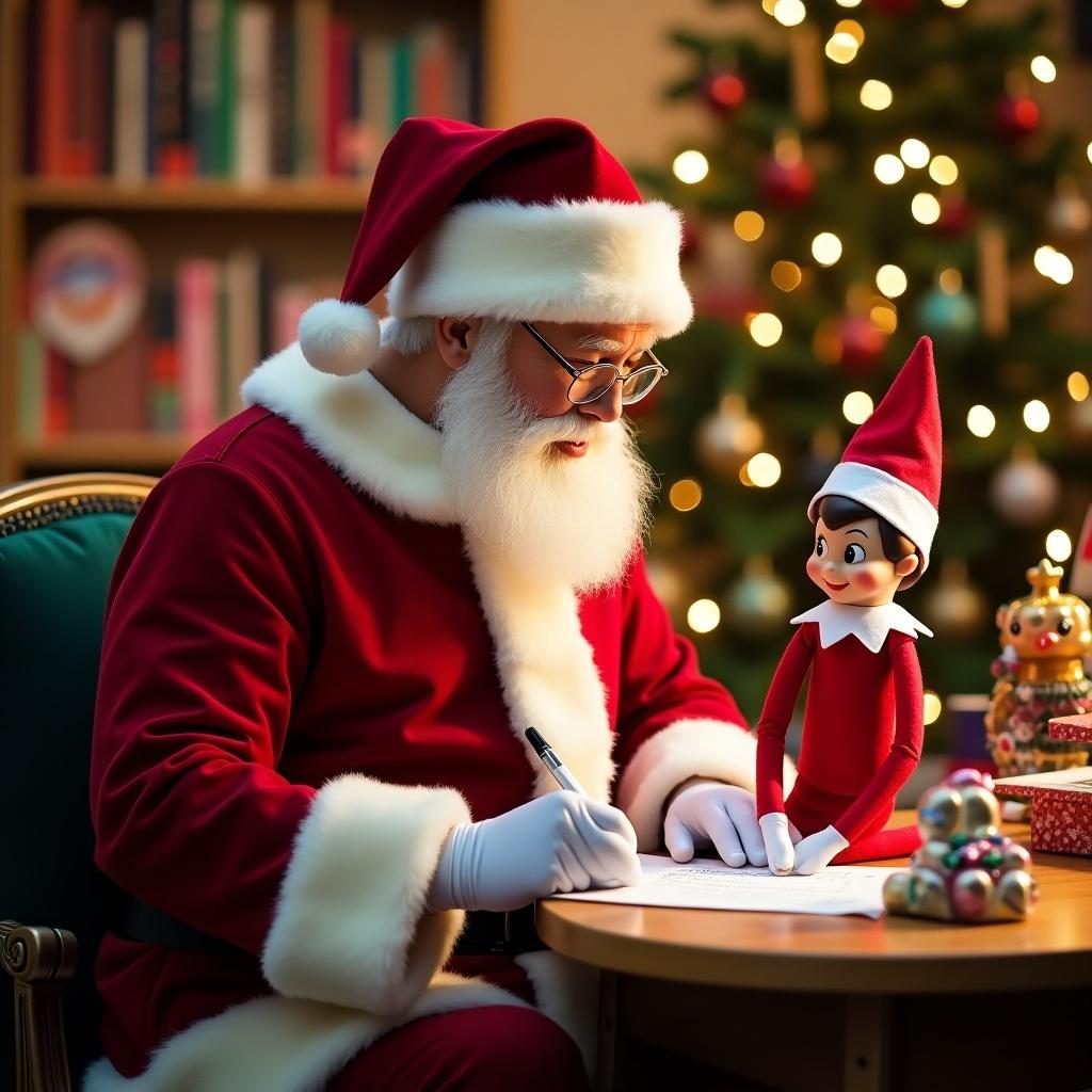 Santa writing names on a list. Elf character sitting beside Santa. Background features decorated Christmas tree and cozy workshop. Scene captures warmth and holiday cheer.