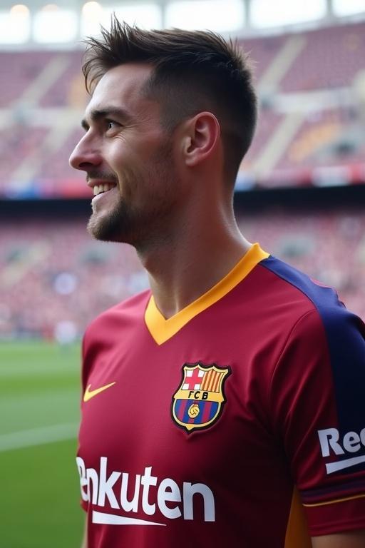 Photo of an athlete in a Barcelona jersey at a stadium smiling during a match.