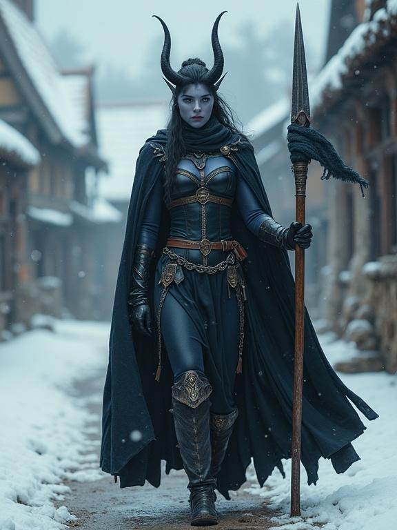 A tiefling woman with curled black horns and a long black ponytail walks through a snowy medieval village. She wears a sleeveless corset dress and a heavy black cape. Her skin is dark blue and her eyes are golden. She carries a long stick wrapped in black cloth. The scene captures a fantasy aesthetic with a medieval backdrop.