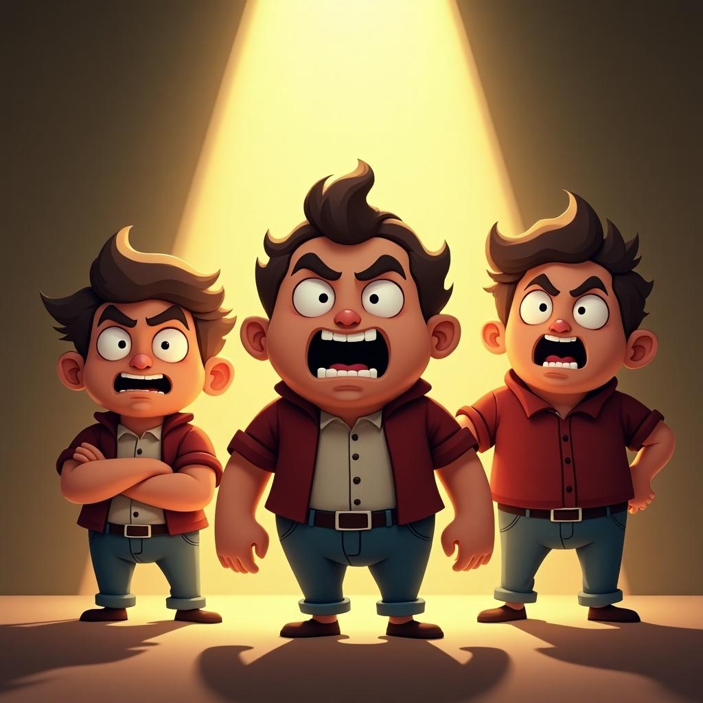 Three animated characters styled as thugs. Designed for a meme coin called Hatz. Bright spotlight reveals mischievous expressions. Fun, cartoonish appearance ready to engage viewers.