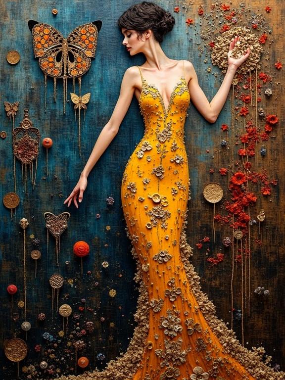 A fashion model wears a stunning gown adorned with textures and mixed media elements. Background features detailed butterfly decorations and colorful organic textures. Focus on the gown's intricate design and ethereal aesthetic. Evocative and artistic representation.
