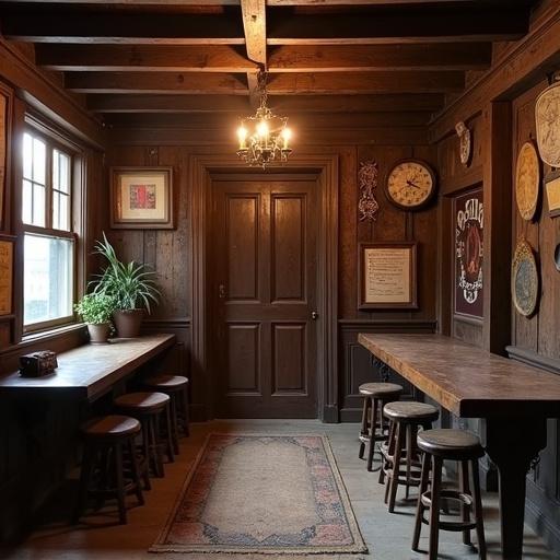 An old west saloon featuring a closed door. The decor represents the 1860s with wooden furnishings, vintage wall art, and a cozy atmosphere.