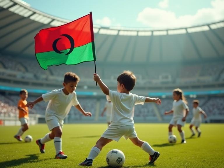 Young children wearing white uniforms play football on a modern field. One child is focused on, holding the Libyan flag. The scene captures the energy and excitement of youth sports in a cinematic style.