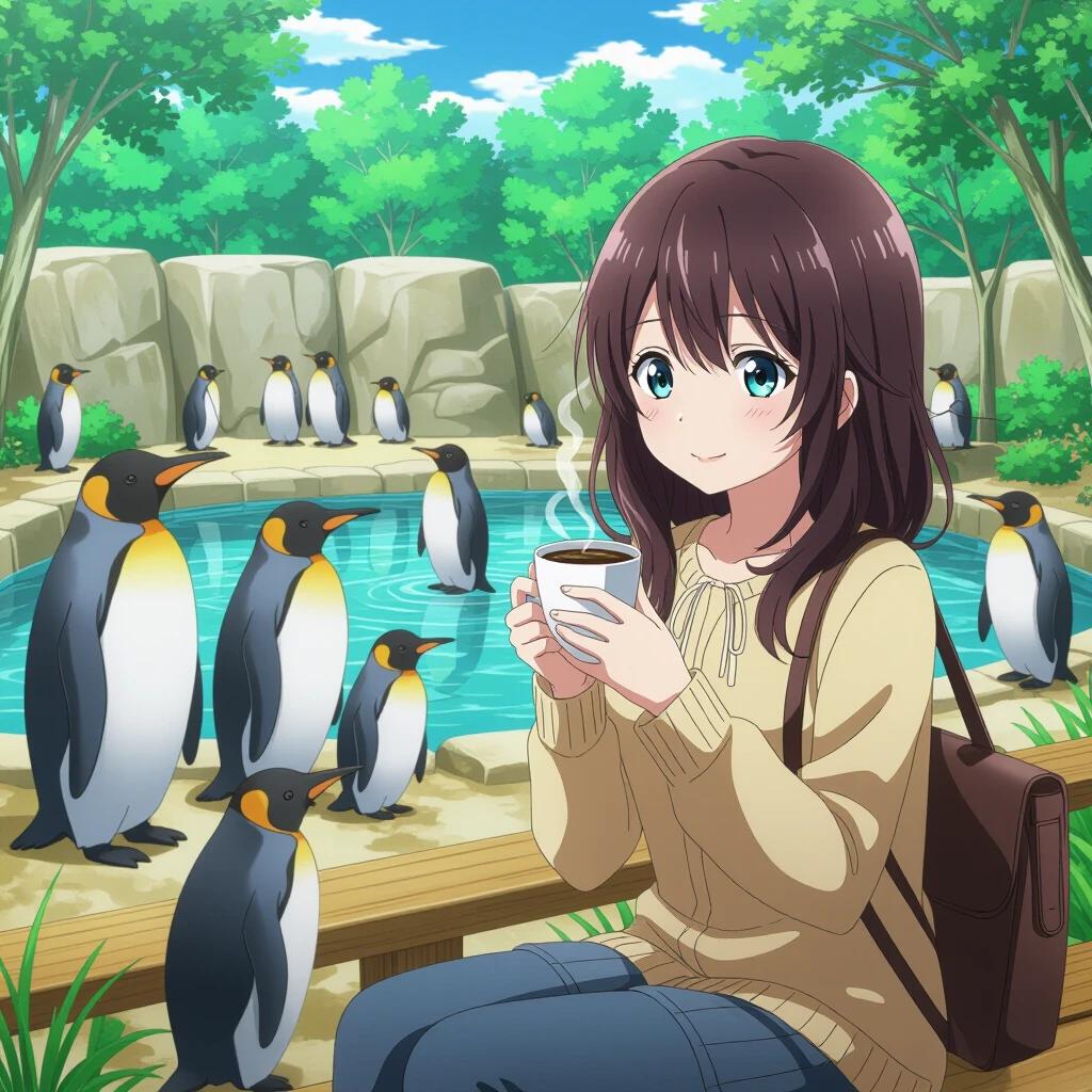Anime girl sipping coffee at a zoo. Penguins surround a pond. Lush green trees in background. Warm and inviting atmosphere. Relaxed setting.