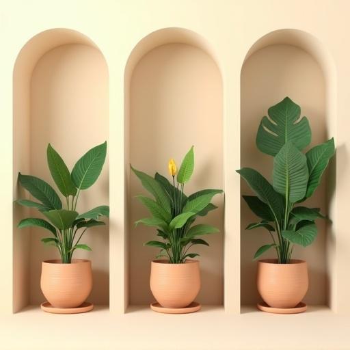 Three potted plants are displayed in arched alcoves on a light beige wall. Each plant is different. Left plant has broad, lush green leaves. Middle plant is a peace lily with slender leaves and a yellow-orange flower. Right plant features large monstera-type leaves. All in light terracotta pots with ribbed texture, elevated on matching bases. The background is creamy beige. The alcoves add depth. Soft, even lighting creates subtle shadows for a 3D effect. The style is minimalist and serene, creating calmness with symmetry and balance. The perspective is elevated, focusing slightly on the right plant.