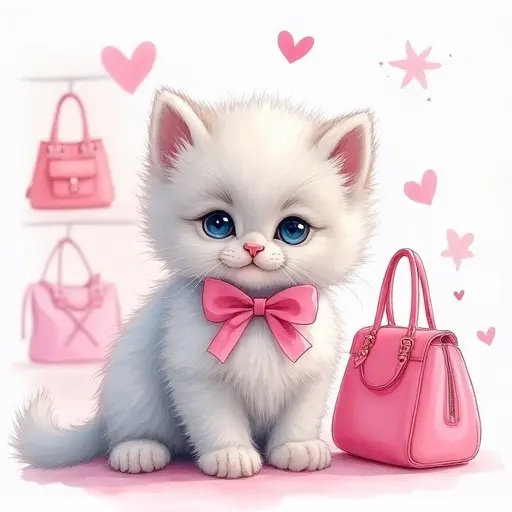 A minimalist watercolor illustration of a fluffy long-haired Persian kitten with blue eyes and a pink ribbon. The kitten is facing the viewer and looking at a pink handbag. The background shows a princess-style bag shop in white, pink, and light blue. Sparkle effects surround the scene. Horizontal layout.