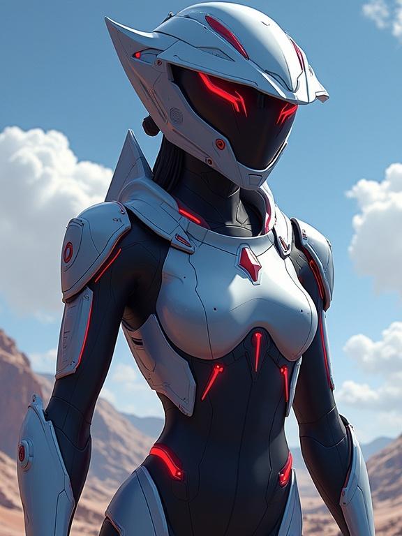 Anime character in a high-tech sci-fi sleek power suit with a sharp aerodynamic helmet, full body view.