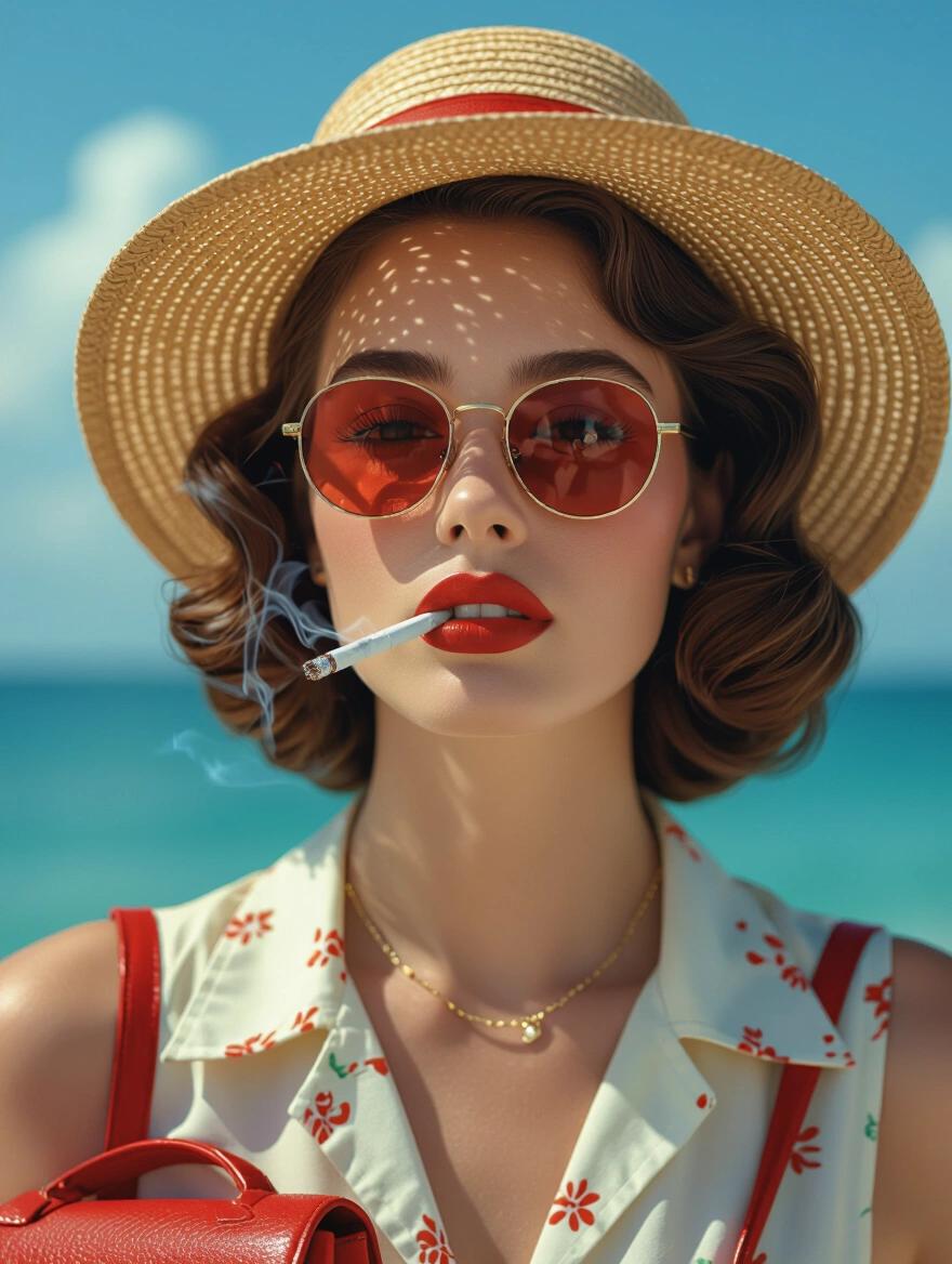 A vintage styled summer photo. The woman has waves in her hair. She holds a red bag. An unlit cigarette hangs close to her mouth. The background shows a vibrant sea. Bright sunlight adds to the summery feel.