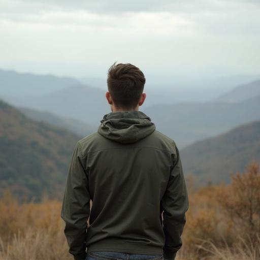 Full body shot of a man standing outdoors. He is gazing at a distant landscape. The background includes mountains and trees. The scene captures a serene atmosphere.