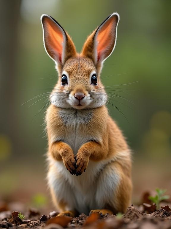 An ultra-realistic photo of a rabbit in a lush forest environment. The rabbit is standing upright, looking towards the camera with large ears and bright eyes. The ground is covered with twigs and leaves, giving a natural feel.