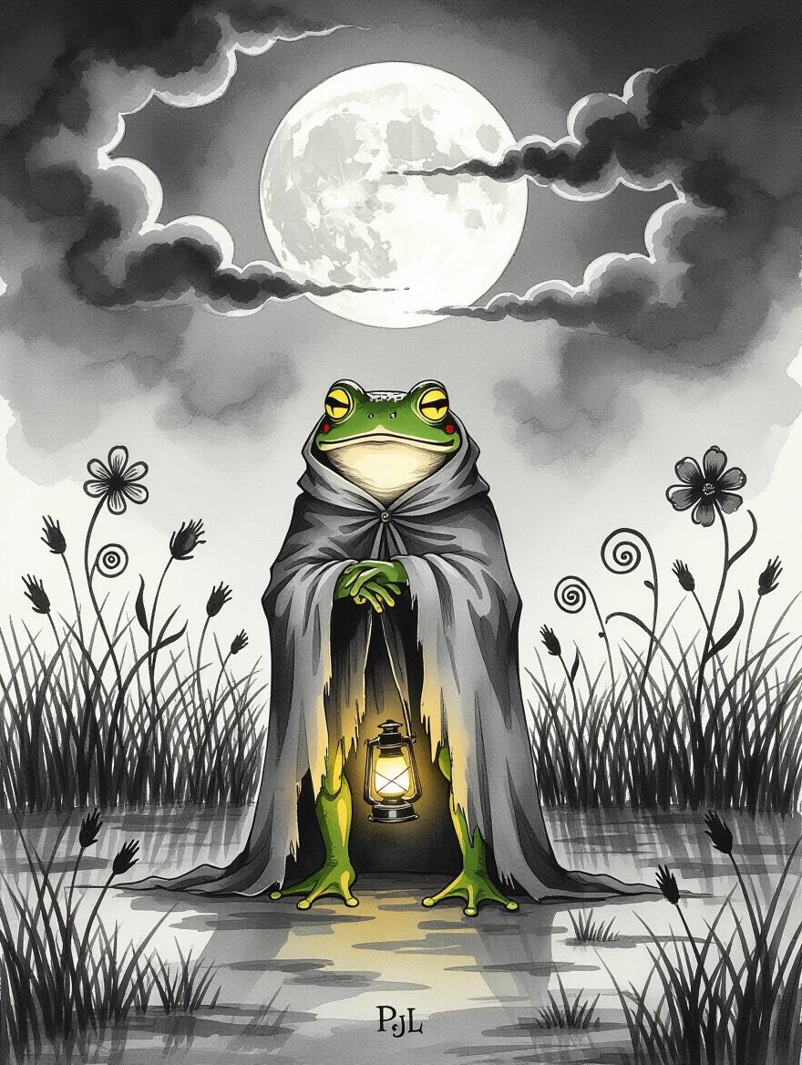 A humanoid toad stands in a field of tall grass wearing a ragged cloak. The full moon is in the background covered by ink clouds. The toad has glowing yellow eyes and holds a lantern. The scene features abstract ink flowers and a monochrome dreamscape. The artwork has a surreal ink-splatter style. The overall tone is melancholic and mysterious.