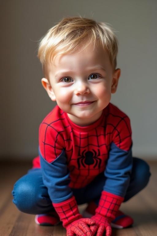 Blond 3 year old boy dressed in Spiderman costume. Short hair with small nose and small chin. Brown eyes and larger forehead. Full body in Spiderman pose in bright natural setting.