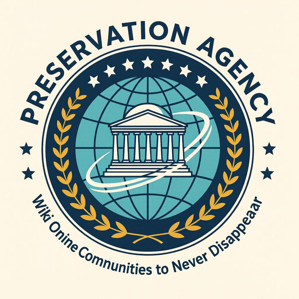 Round logo for a preservation agency. Focus on intelligence agency hosting wiki pages and historical narratives. Emphasis on repository for online communities. Government style. Professional design.