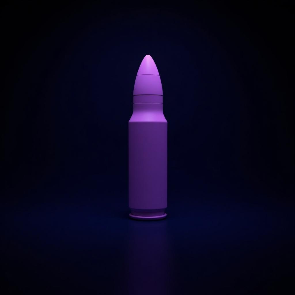 A purple bullet lies on a gradient background of blue and black colors. The bullet is depicted in a frontal view. The lighting emphasizes the sleekness of the bullet.