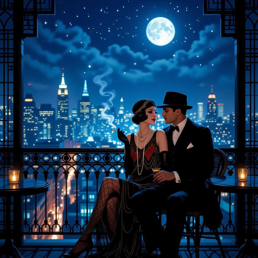 A rooftop scene above a speakeasy. A flapper and a gangster share a cigarette under the moon. City lights twinkle below. Deco patterns frame the balcony.