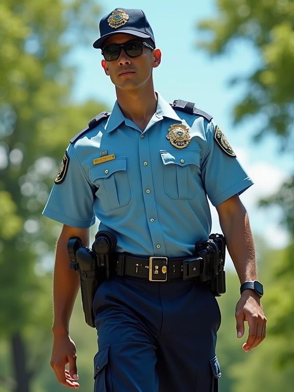 Police officer in summer uniform walking in a park. Light blue short-sleeve shirt and navy blue shorts. Equipped with a duty belt and sunglasses. Background shows sunny green trees and blue sky.