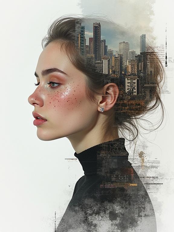 Profile of a woman with delicate features and light freckles. Double exposure effect combines her portrait with a gritty cityscape. Soft lighting enhances ethereal quality. Minimalistic design with a pure white background.