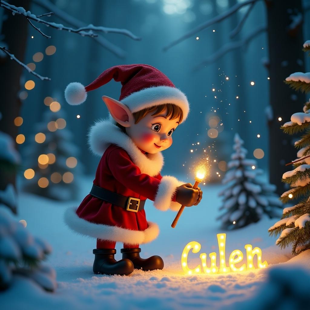 Magical Christmas elf writing the name Cullen with a glow stick in a winter forest. The elf wears a red outfit and a Santa hat. Snowy backdrop with Christmas trees illuminated.