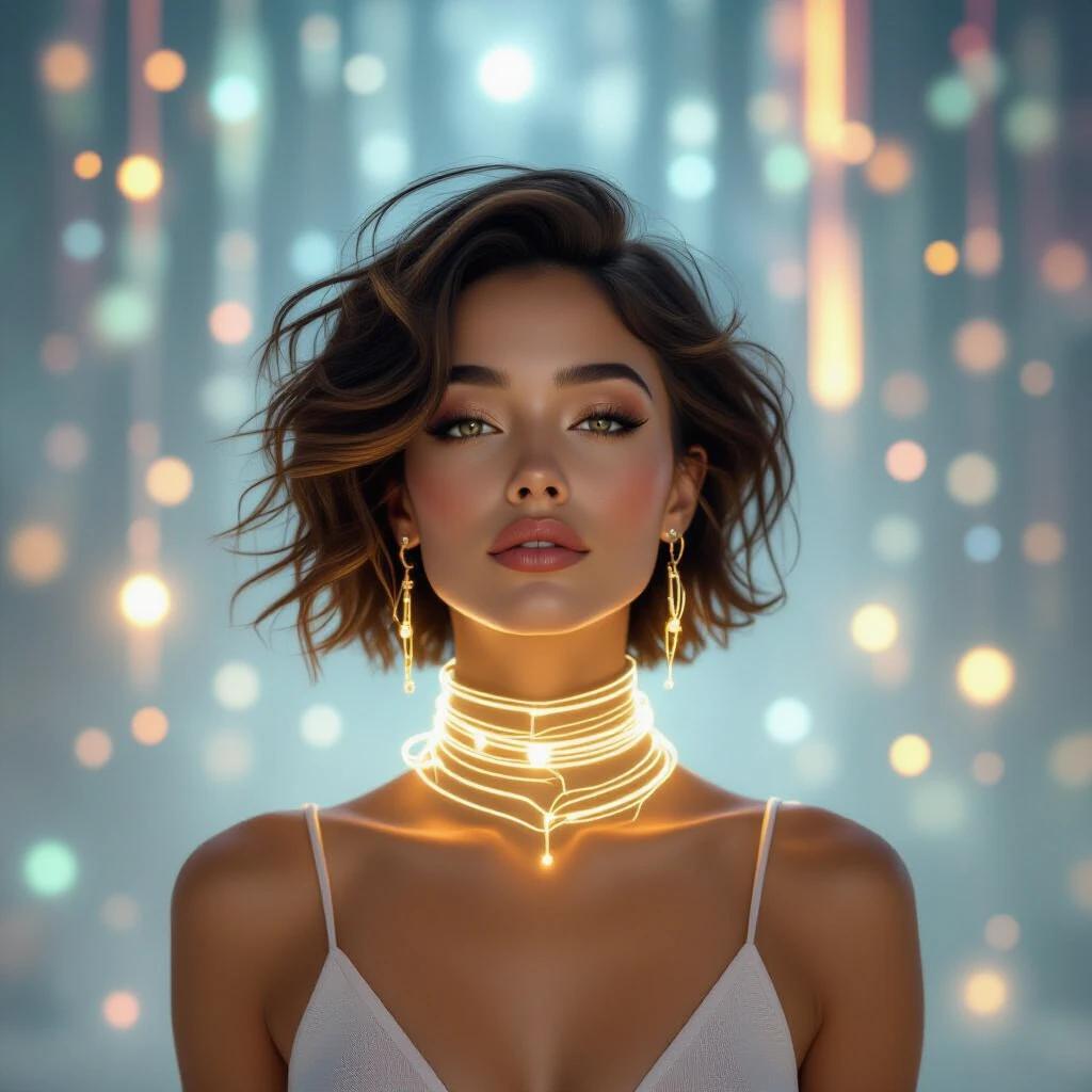 A gender-fluid figure floats in a dreamy digital realm. The figure is adorned with a glowing collar made of light. The collar has biomorphic forms with gold hues. Asymmetrical bracelets and earrings morph continuously. The background features metaphysical symbols and glowing grids. The scene blends mind, spirit, and digital identity.