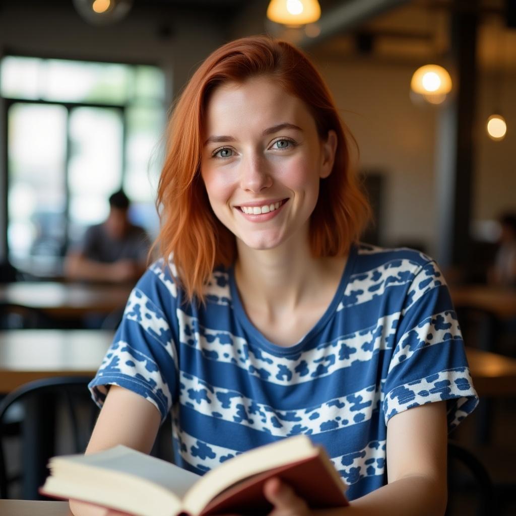 Young woman with short red hair in a blue and white striped t-shirt sitting at a cafe table smiling while reading a book. Portrait taken indoors.