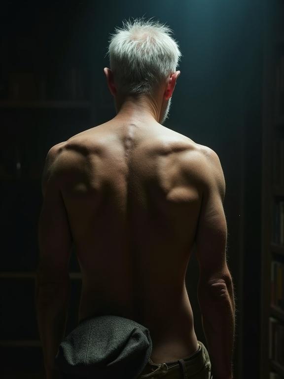 Back view of a gaunt elderly British man in chiaroscuro light. Half-naked with thin, veiny skin. Shoulder blades and spine are prominent under silver hair. A tweed flat cap is in one hand. Warm candle-glow and cold rim light create dramatic contrast. Dust motes in the beam enhance the atmosphere resembling a Victorian library.