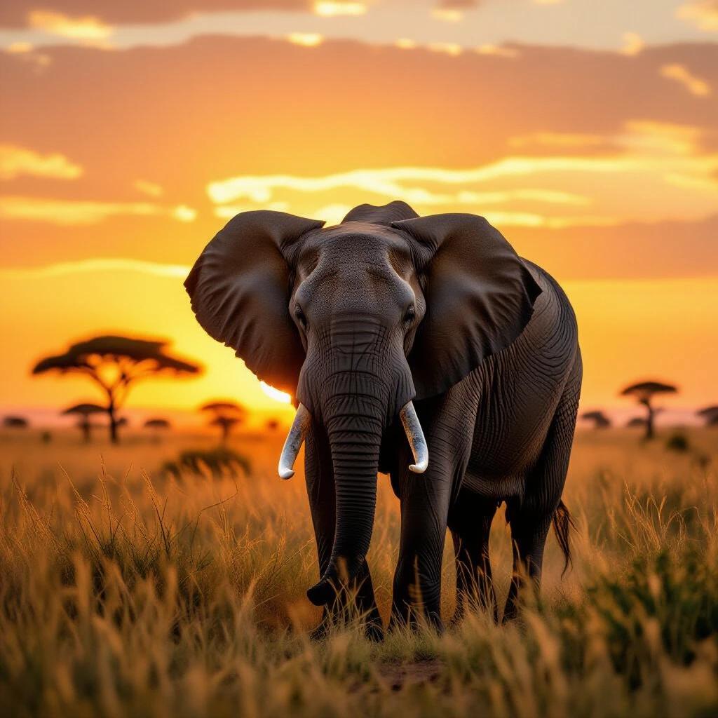 Realistic photo depicts an African elephant in a savannah during sunset. The warm light enhances textures of skin and tusks. Background shows blurred tall grasses and distant acacia trees silhouetted against a vibrant sunset sky. The scene is serene highlighting beauty of wilderness.