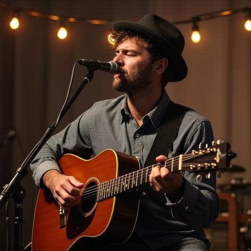 Musician plays guitar on stage. Ambient lights create warm atmosphere. Cozy concert setting. Captured in soft lighting and warm tones.
