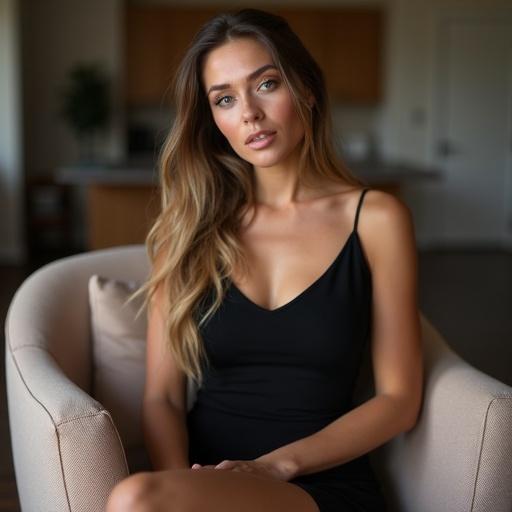 A 24 years old caucasian woman in a black bodycon dress sits casually on an armchair with a confident pose and expression. Background blurs softly.