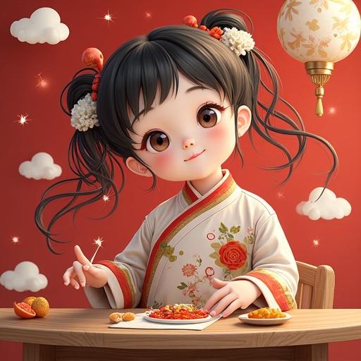 A cheerful girl wears traditional attire. She sits at a table with food. Background is red and festive. Soft lighting emphasizes her expression. She has playful hairstyle. Decorative elements add charm.