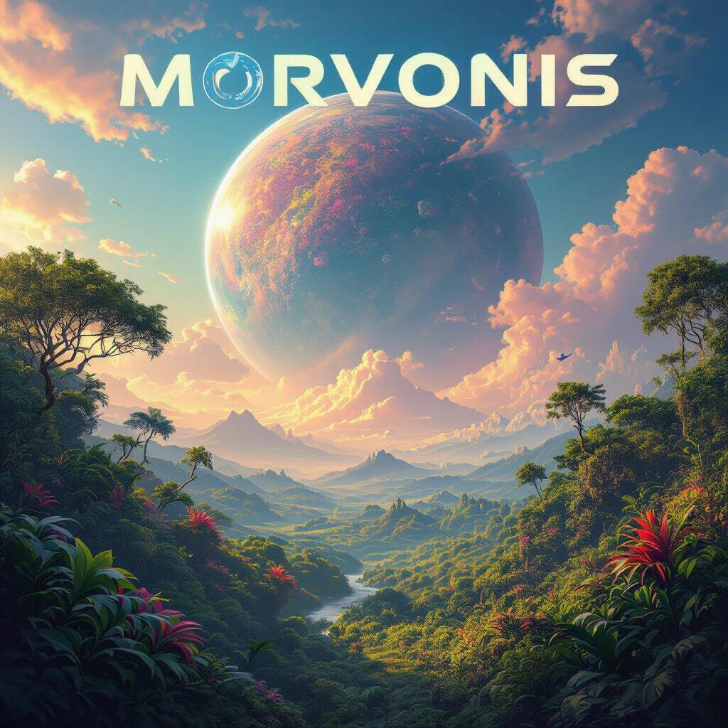Captivating alien planet with vibrant RGB jungle and dramatic sky. Album cover design with name Morvonis prominently displayed.