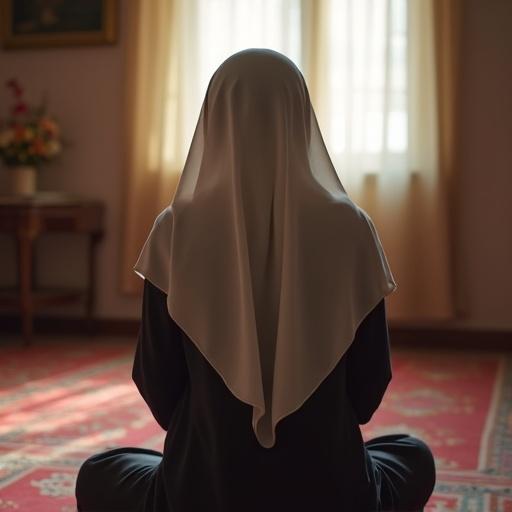 A young woman with hijab and veil seen from behind. She is praying in a brightly lit Iranian room. The atmosphere reflects spirituality and calmness.