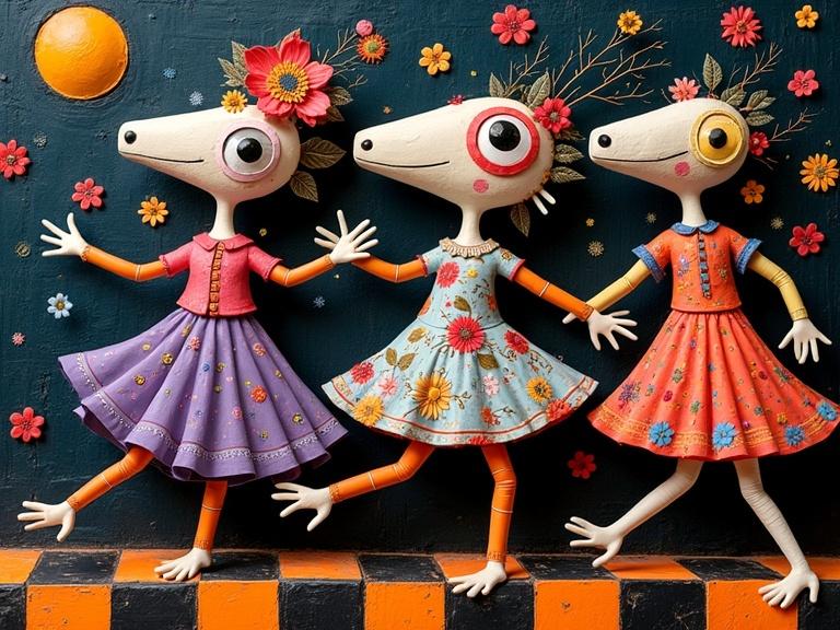 Three elongated creatures dance in a conga line. Creatures wear naive folk art dresses. Each dress adorned with vibrant flowers. Background features a checkerboard pattern with stripes. Environment is surreal and moody. Texture details appear painted and layered like impasto. The artwork has a bright color palette emphasizing purple, orange, and black. Inspired by abstract and folk art styles.