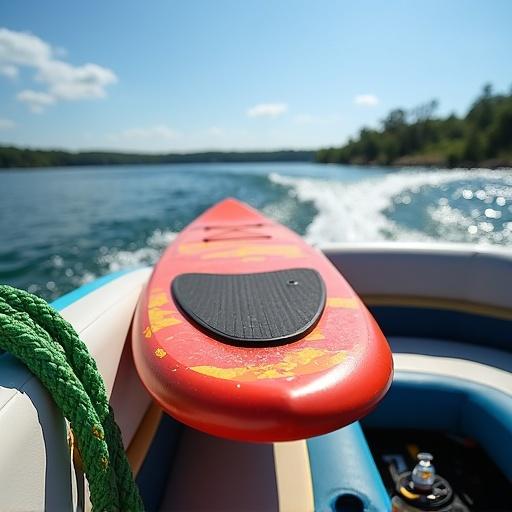 Photograph shows a surfboard on a boat. Scene captured during daytime with sunny weather and clear sky. Lake is visible in the background with splashes of water. Green rope is coiled on the left. Surfboard features a red and orange pattern with a black grip pad. The boat has white and beige cushioned seating with blue trim. A black bag appears at the bottom right corner and there is a plastic bottle with water. Green and yellow striped rope is also present. Distant trees are lined on the horizon. The image is bright and sharp, showcasing vibrant colors and a relaxed atmosphere. Perfect for summer adventures or recreational activities.