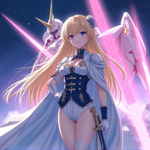 Anime depiction of a blonde woman with long straight hair wearing a Victorian-era military uniform. She has blue eyes and is wearing leather gloves and long-heeled boots. Her outfit features a white and blue color scheme with a cape. She holds a thin sword and has a seductive smile. A giant white and pink mecha with a unicorn horn and winged helmet stands in the background, holding a large sword with a glowing pink blade. The setting is a starry sky with galaxies and overexposure effects.