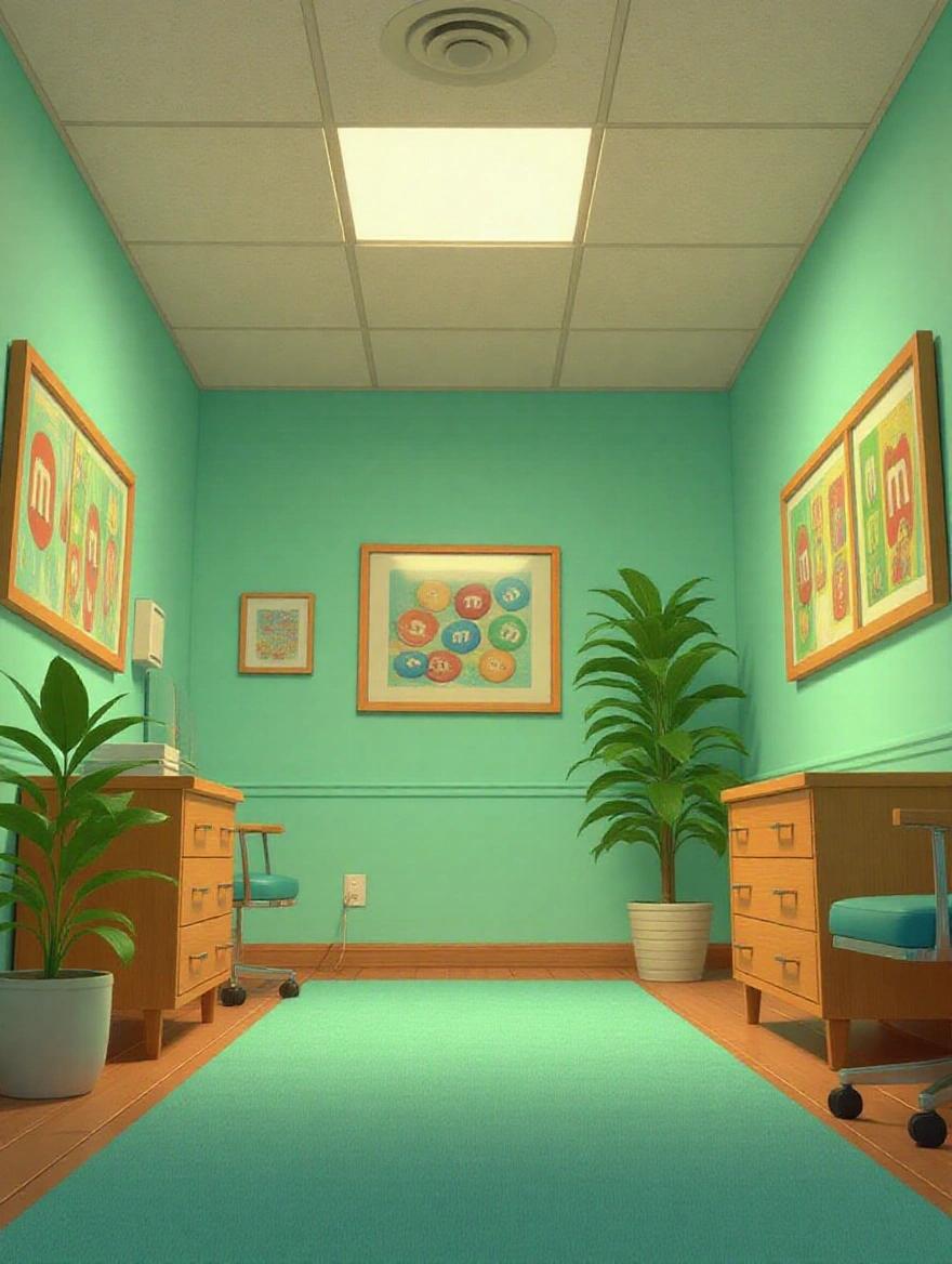 3D doctor's office in a worm's-eye view. Extremely low angle tilted slightly right. Camera looks up from near the floor. Ceiling tiles with soft yellow-grey nighttime light. Mint green walls with soft texture. Framed children's M&Ms on the right wall. Potted leafy plant in far left corner. Soft blue rug on floor. Simple wooden furniture against wall. Shot in Pixar style with smooth shading and soft lighting. No characters or objects in frame.