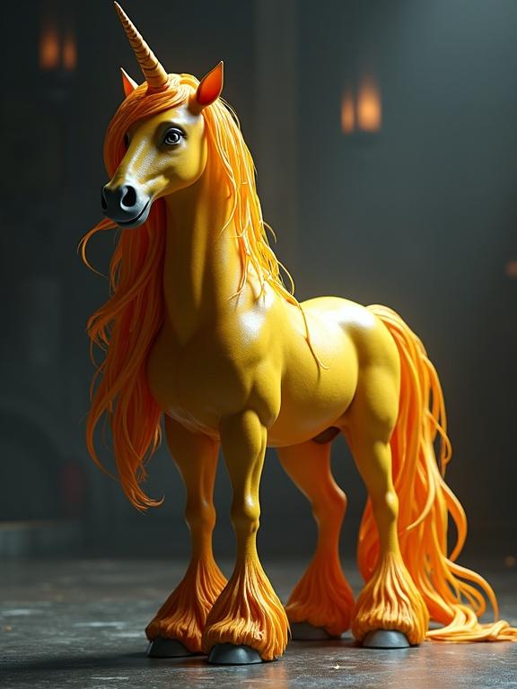 Full body shot of a stylized unicorn next to a sleek rocket ship. Unicorn features a textured coat and long yellow and amber hair. Moody lighting creates sharp shadows in a dark fantasy setting.