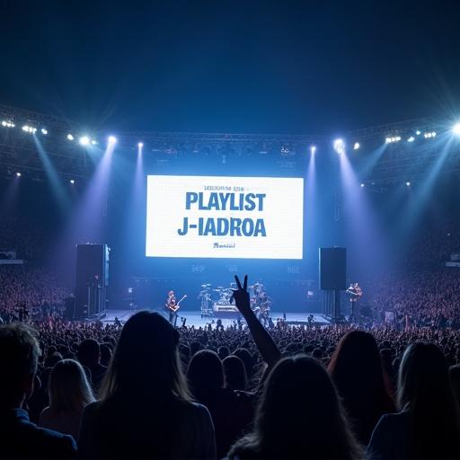 A visual kei band playing on stage at a stadium during the night. A large screen in the background displays the text 'PLAYLIST J-ROCK NA MADRUGA.'