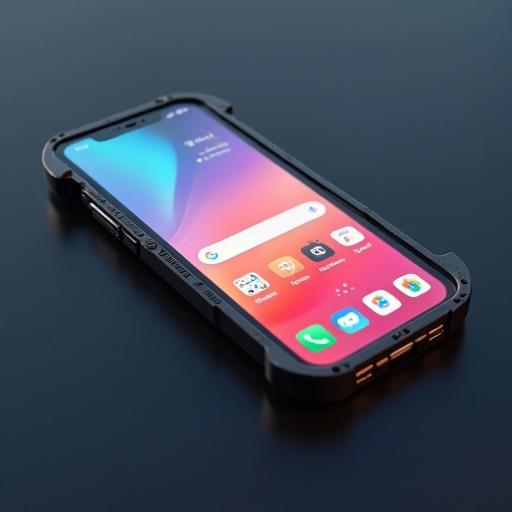 Create a YouTube thumbnail about the end of smartphones. Show a smartphone with colorful apps. It has a sleek metal protective case. The phone is on a dark surface.