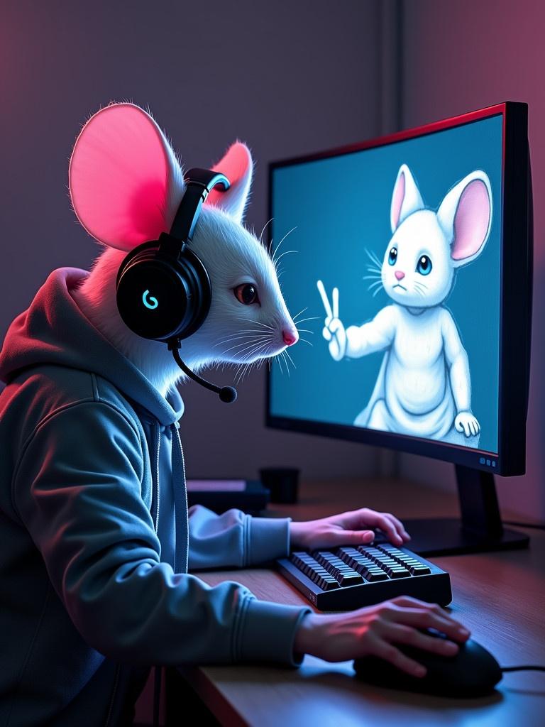 A character resembling a mouse gamert with large ears Uses a computer and gaming headset. A real mouse on the desk is used as a mouse. The computer monitor displays a drawing of a magician cat.